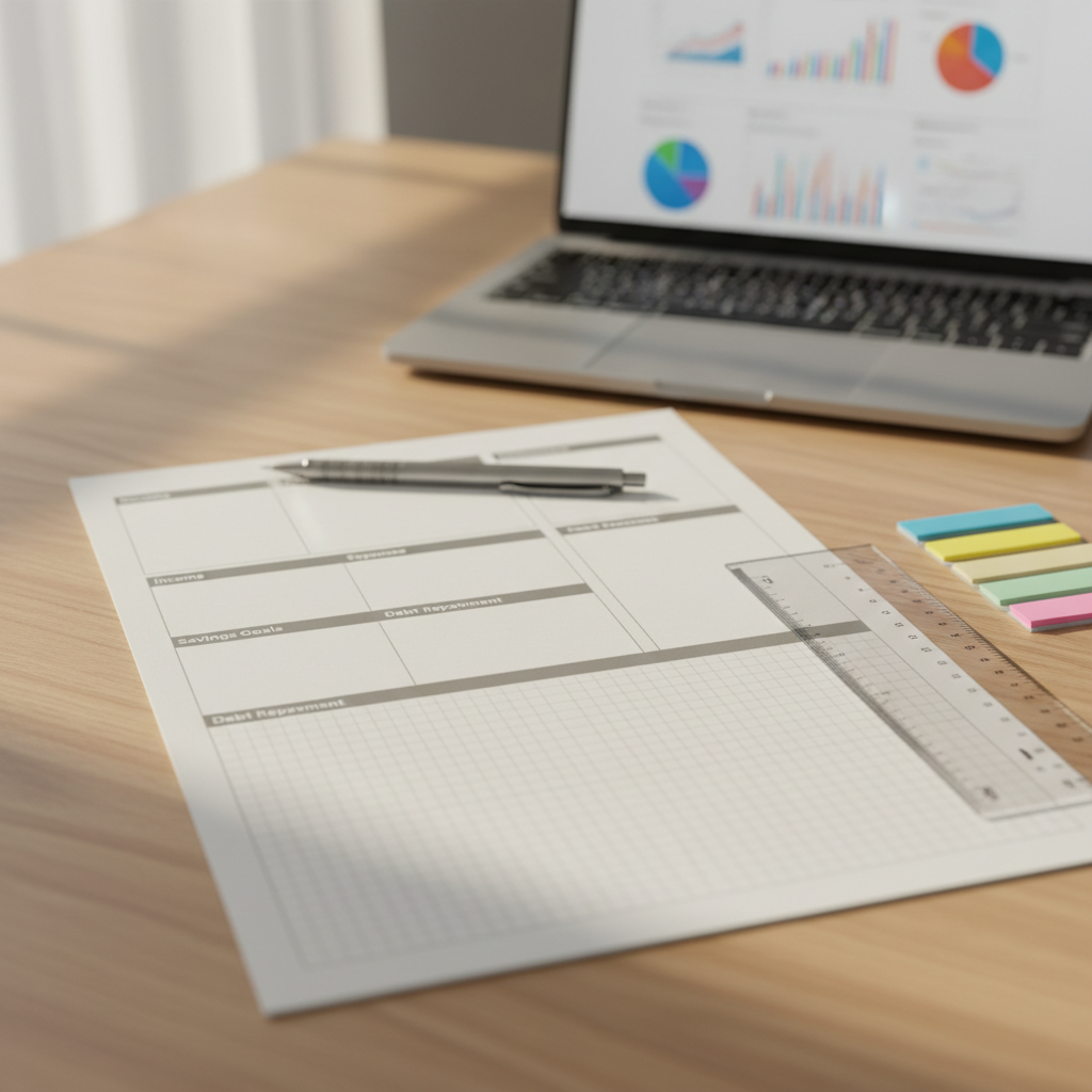 A detailed close-up of a blank monthly budgeting and investment planning sheet printed on thick, matte white paper with subtle grid lines and category sections, all without any readable text. The sheet lies on a light oak desk alongside color-coded sticky tabs, a mechanical pencil, and a transparent ruler aligned with an empty graph section. To the side, an open laptop screen shows blurred, colorful financial charts as an out-of-focus backdrop. Soft afternoon window light streams in from the left, producing gentle shadows and a focused, methodical atmosphere. Photographic realism, slightly elevated angle, shallow depth of field emphasizing the planning sheet as the central tool for systematic saving, investment allocation, and 재테크 전략.