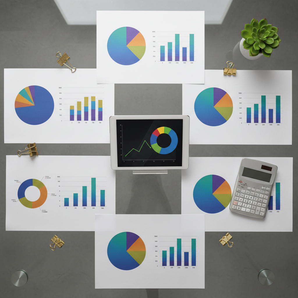 A sleek, glass-topped table covered with neatly arranged printed financial reports, each featuring bold, colorful charts and bar graphs without any legible text or numbers. In the center, a transparent acrylic tablet stand holds a digital tablet that shows a clear upward-trending line graph and a diversified portfolio wheel. Around the edges are metallic binder clips, a slim calculator with a blank display, and a small potted plant adding a touch of green. Soft studio lighting from above creates crisp reflections in the glass and vivid highlights on the charts. Photographic realism, top-down bird’s-eye view, balanced composition, conveying structured investment strategy and data-driven wealth management.