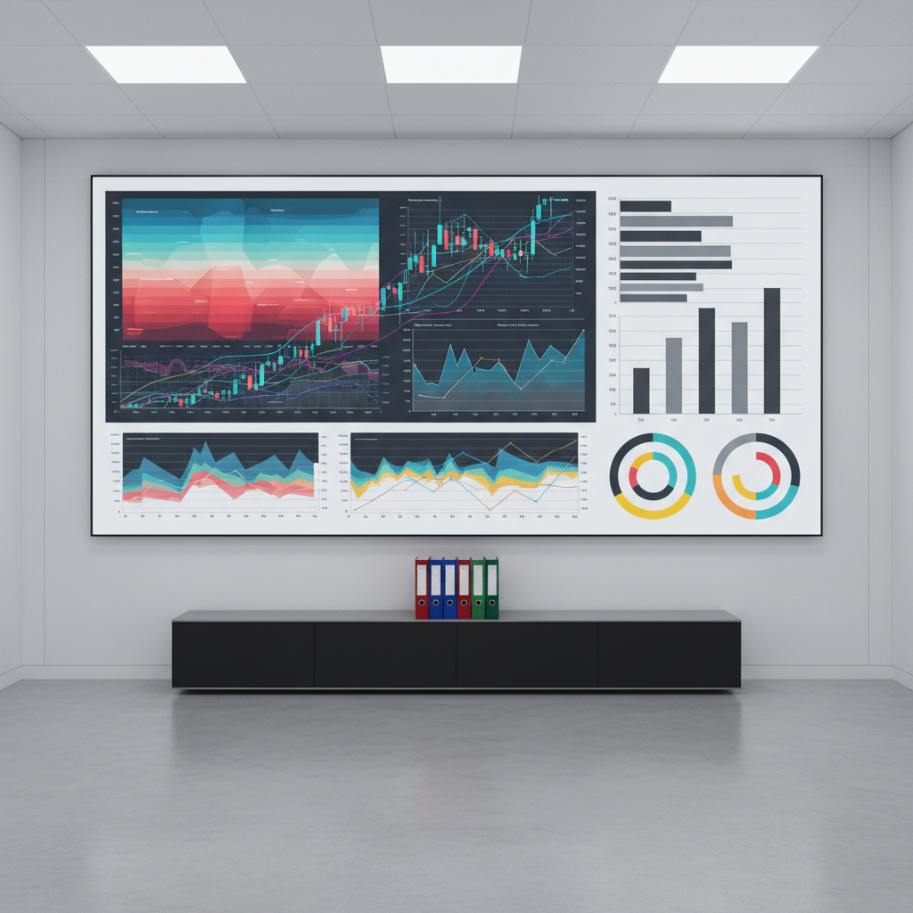 A large wall-mounted digital display in a minimalist office environment, filled with an intricate mosaic of investment-related visualizations: heat maps of sectors, layered line charts, comparative bar graphs, and asset allocation diagrams, all stylized without readable text. Below the screen, a low, matte-black credenza supports a few closed binders labeled only with color-coded spines. The room is illuminated by cool, even LED panel lighting from the ceiling, giving the scene a focused, high-tech atmosphere. Photographic realism, wide-angle lens with straight-on composition, sharp details throughout, communicating a professional macro investing view and systematic market analysis without looking like generic stock photography.